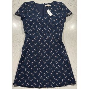 NWT LOFT Fit Flare Dress Womens 8T Navy Blue Feather Leaf Print V Neck Pockets